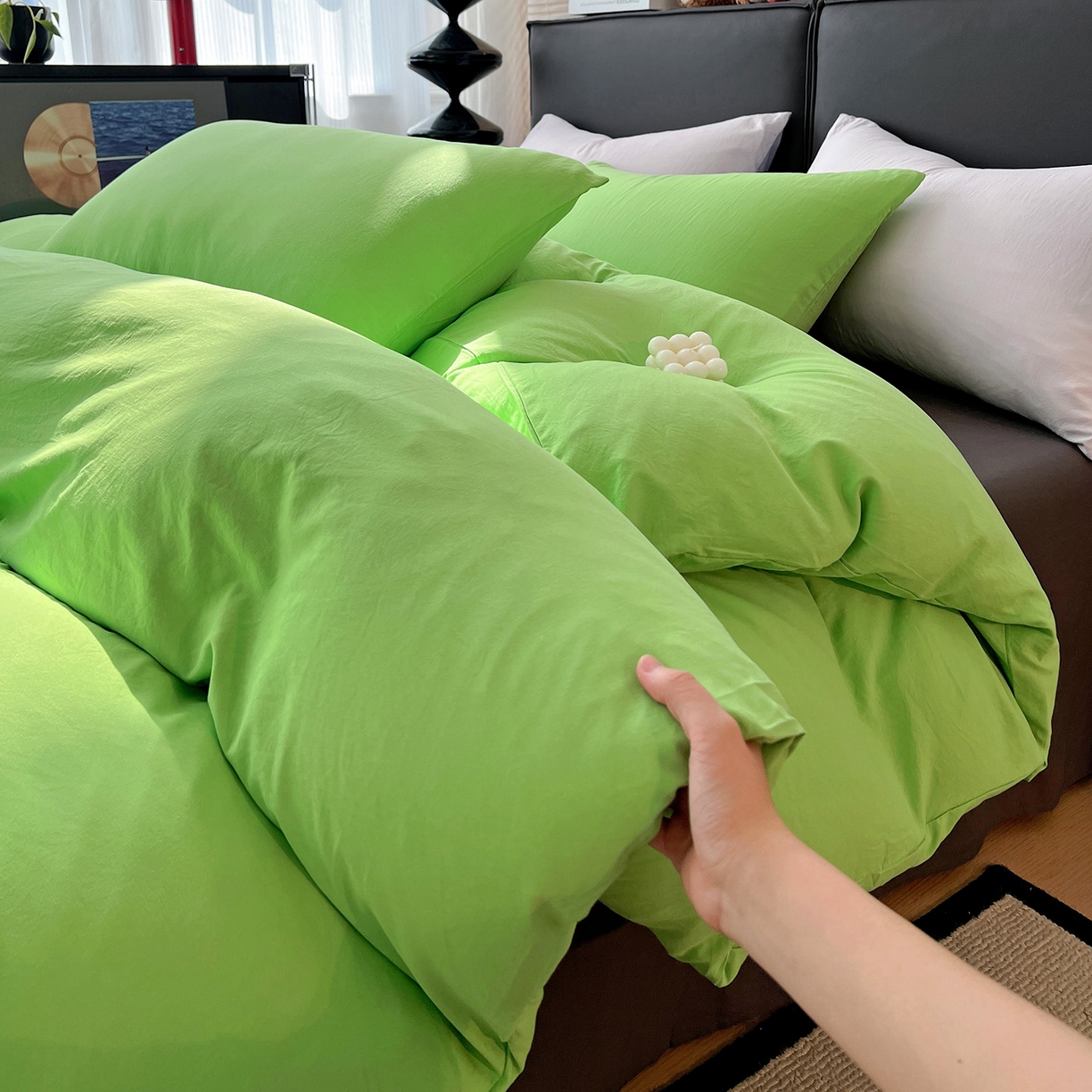 91家纺网 家纺一手货源 找家纺 凯洛奇 2025新款ins北欧风水洗棉柔软褶皱纯色被套四件套 拼色-黄绿