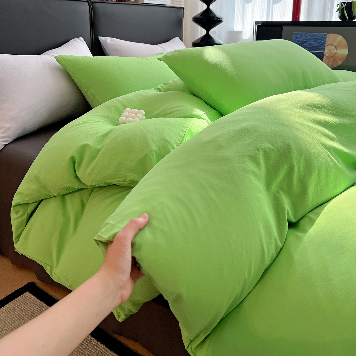凯洛奇 2025新款ins北欧风水洗棉柔软褶皱纯色被套四件套 拼色-黄绿