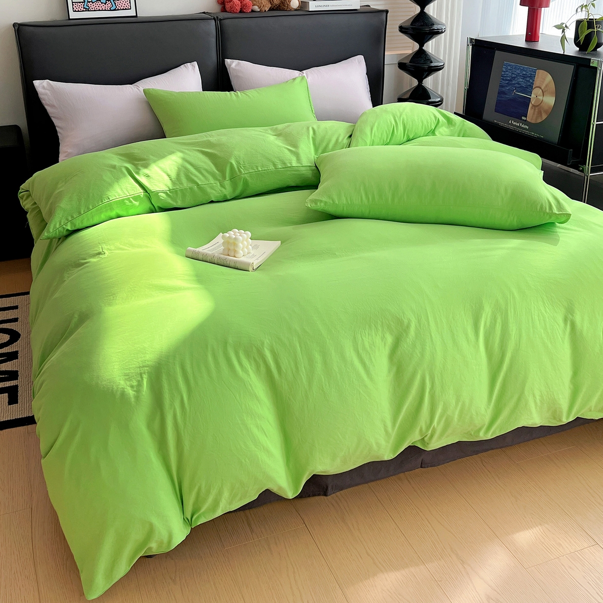 91家纺网 家纺一手货源 找家纺 凯洛奇 2025新款ins北欧风水洗棉柔软褶皱纯色被套四件套 拼色-黄绿