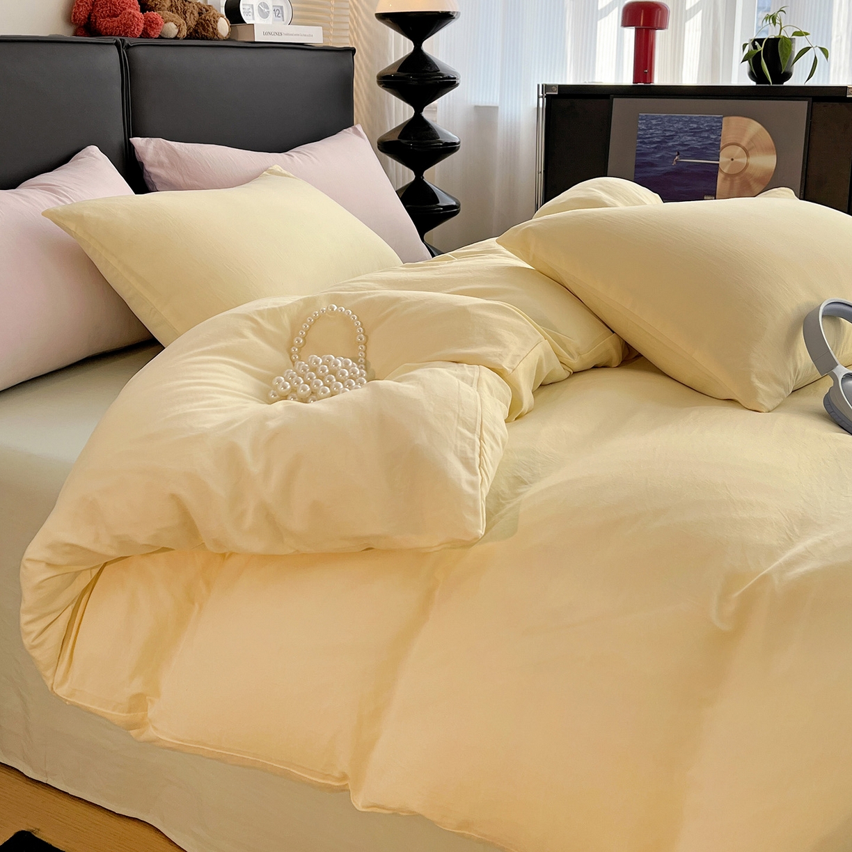 91家纺网 家纺一手货源 找家纺 凯洛奇 2025新款ins北欧风水洗棉柔软褶皱纯色被套四件套 拼色-米黄