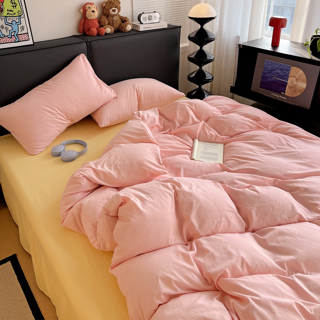 91家纺网 家纺一手货源 找家纺 凯洛奇 2025新款ins北欧风水洗棉柔软褶皱纯色被套四件套 拼色-粉黄