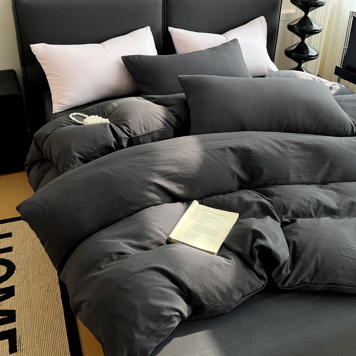 91家纺网 家纺一手货源 找家纺 凯洛奇 2025新款ins北欧风水洗棉柔软褶皱纯色被套四件套 纯色-深灰