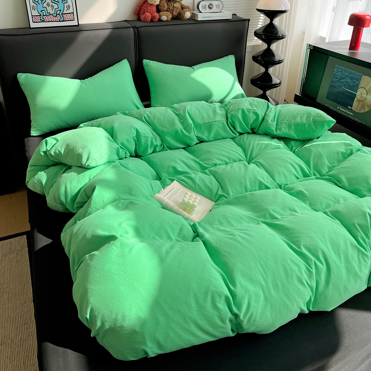 91家纺网 家纺一手货源 找家纺 凯洛奇 2025新款ins北欧风水洗棉柔软褶皱纯色被套四件套 拼色-翠绿