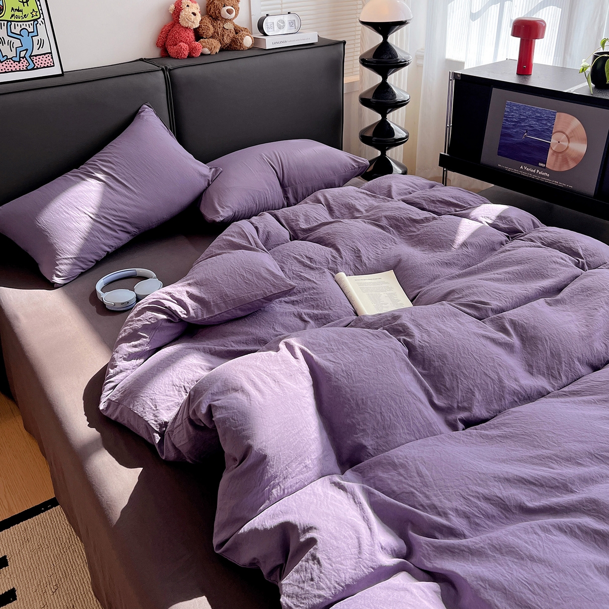 91家纺网 家纺一手货源 找家纺 凯洛奇 2025新款ins北欧风水洗棉柔软褶皱纯色被套四件套 拼色-深紫