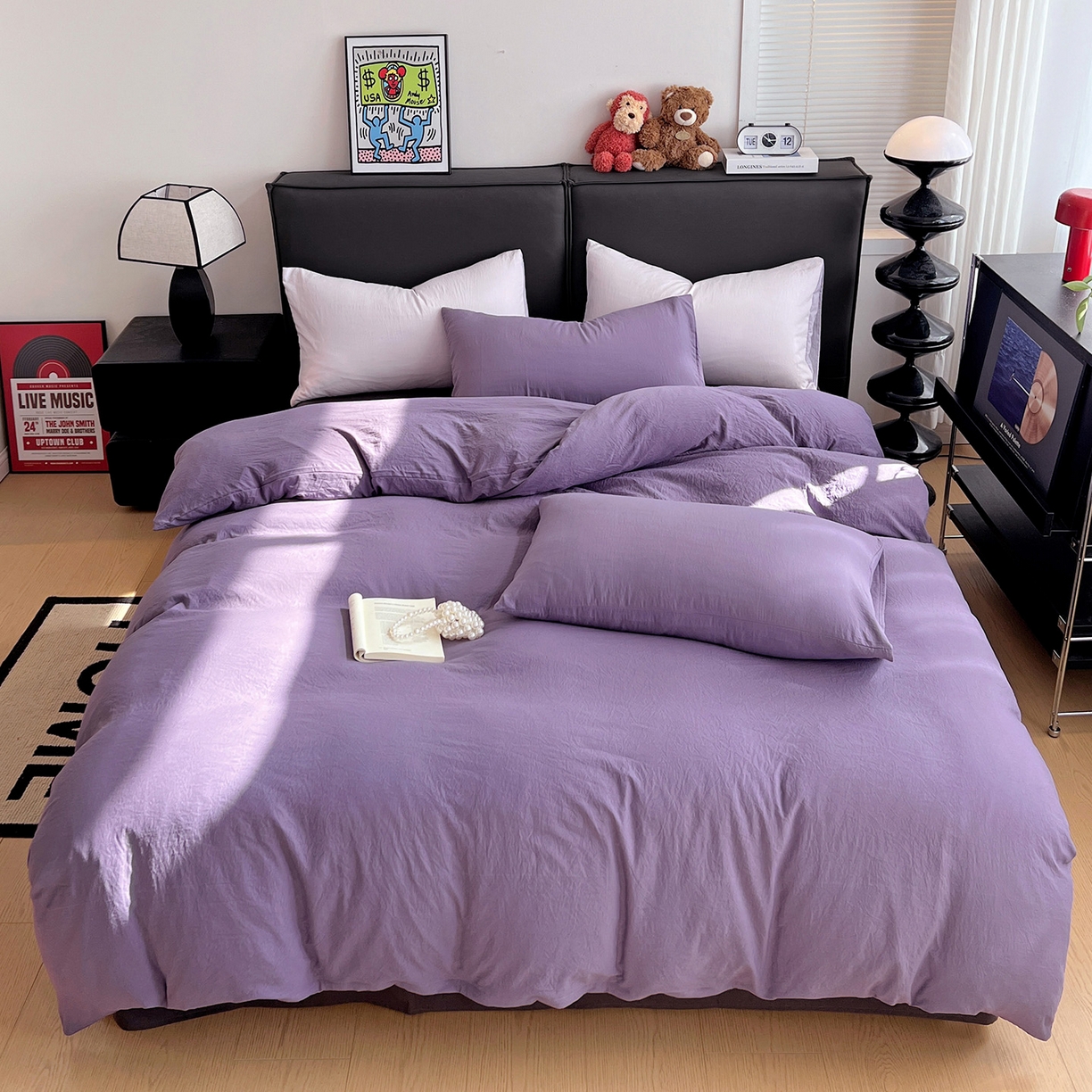 91家纺网 家纺一手货源 找家纺 凯洛奇 2025新款ins北欧风水洗棉柔软褶皱纯色被套四件套 拼色-深紫