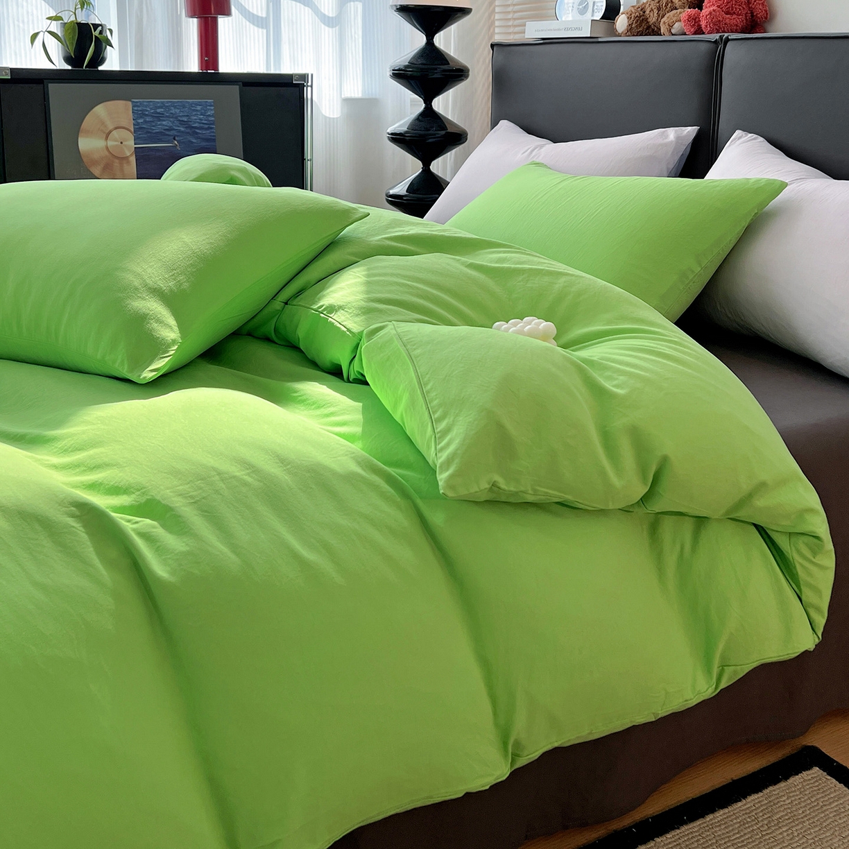 91家纺网 家纺一手货源 找家纺 凯洛奇 2025新款ins北欧风水洗棉柔软褶皱纯色被套四件套 拼色-黄绿