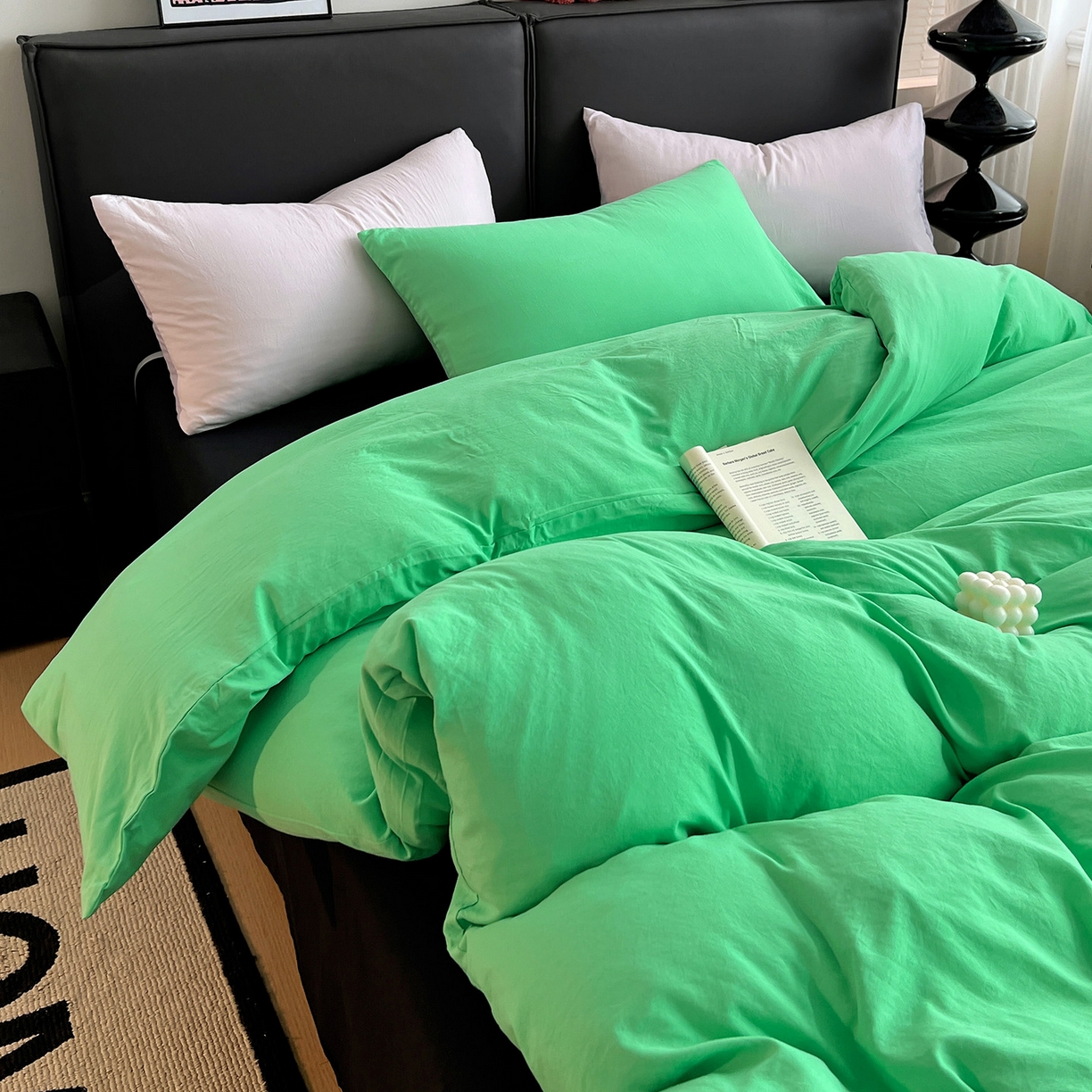 91家纺网 家纺一手货源 找家纺 凯洛奇 2025新款ins北欧风水洗棉柔软褶皱纯色被套四件套 拼色-翠绿