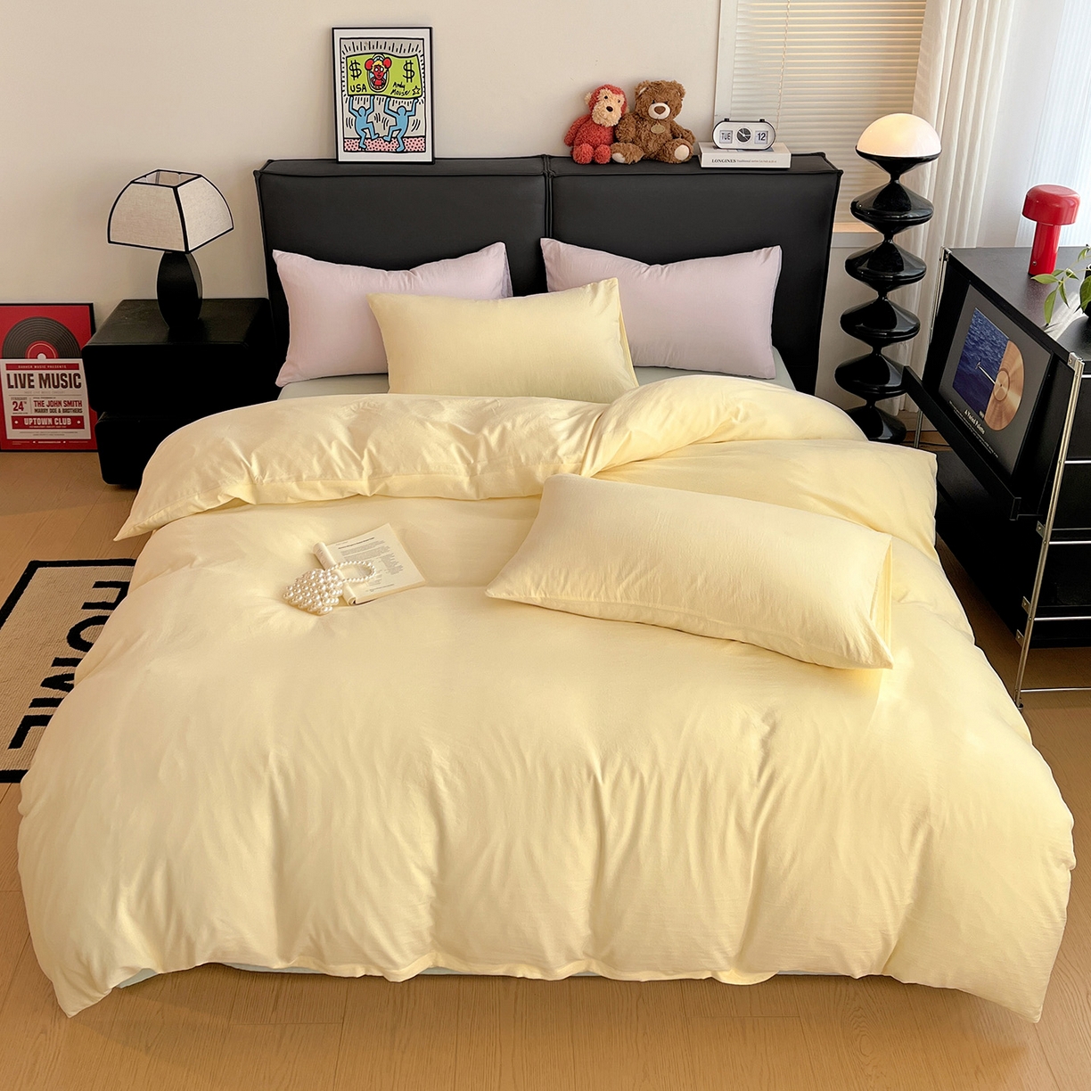 91家纺网 家纺一手货源 找家纺 凯洛奇 2025新款ins北欧风水洗棉柔软褶皱纯色被套四件套 拼色-米黄