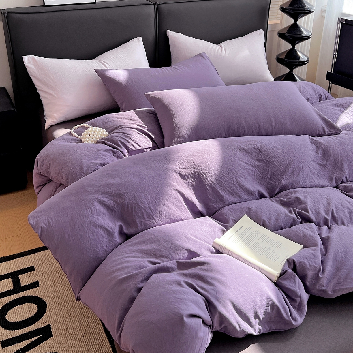 91家纺网 家纺一手货源 找家纺 凯洛奇 2025新款ins北欧风水洗棉柔软褶皱纯色被套四件套 拼色-深紫