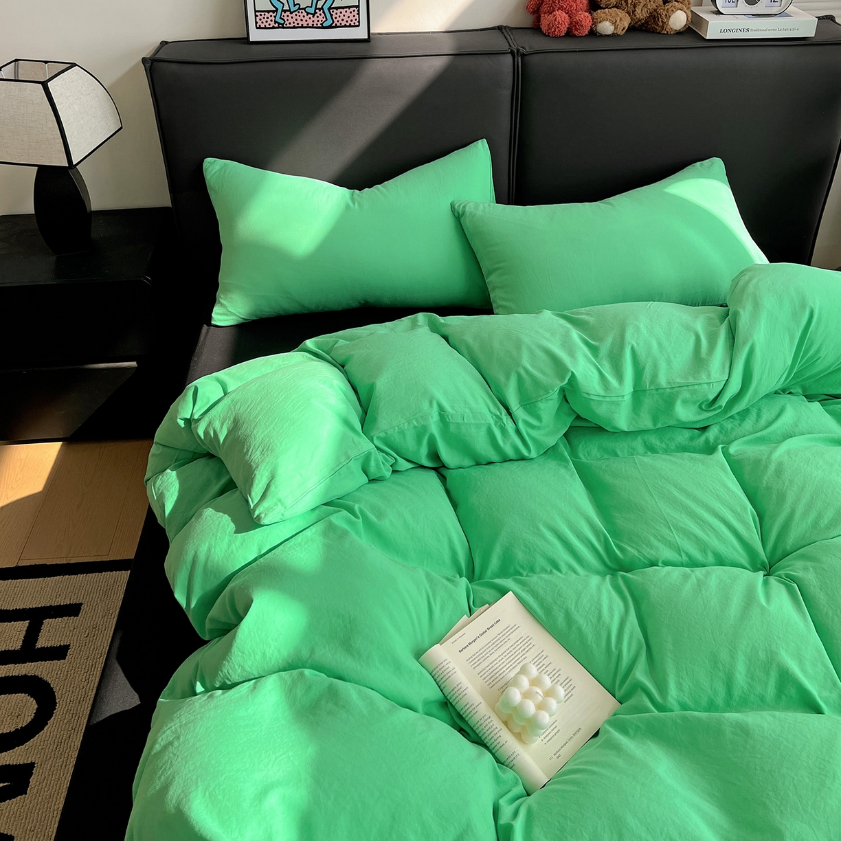 91家纺网 家纺一手货源 找家纺 凯洛奇 2025新款ins北欧风水洗棉柔软褶皱纯色被套四件套 拼色-翠绿