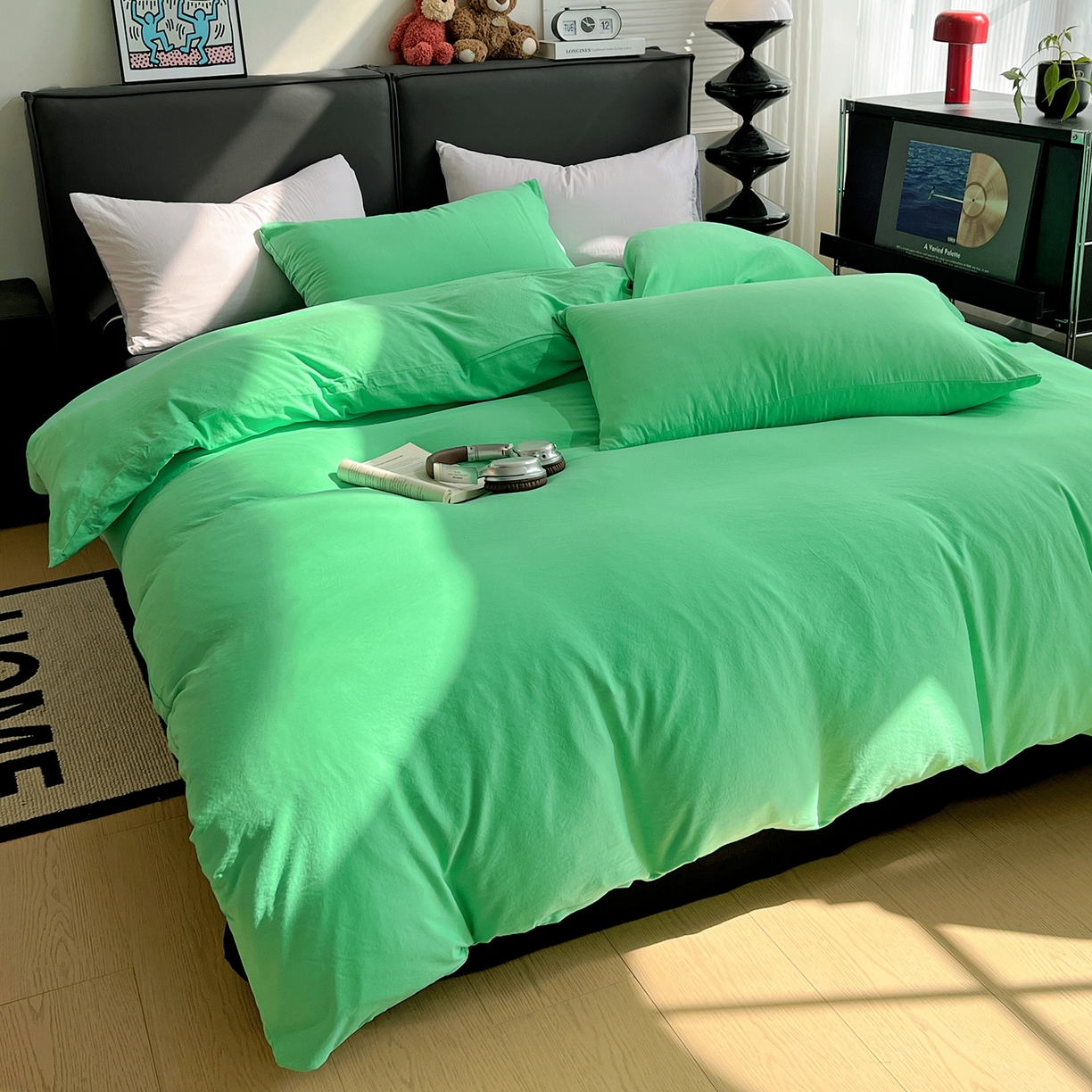 91家纺网 家纺一手货源 找家纺 凯洛奇 2025新款ins北欧风水洗棉柔软褶皱纯色被套四件套 拼色-翠绿
