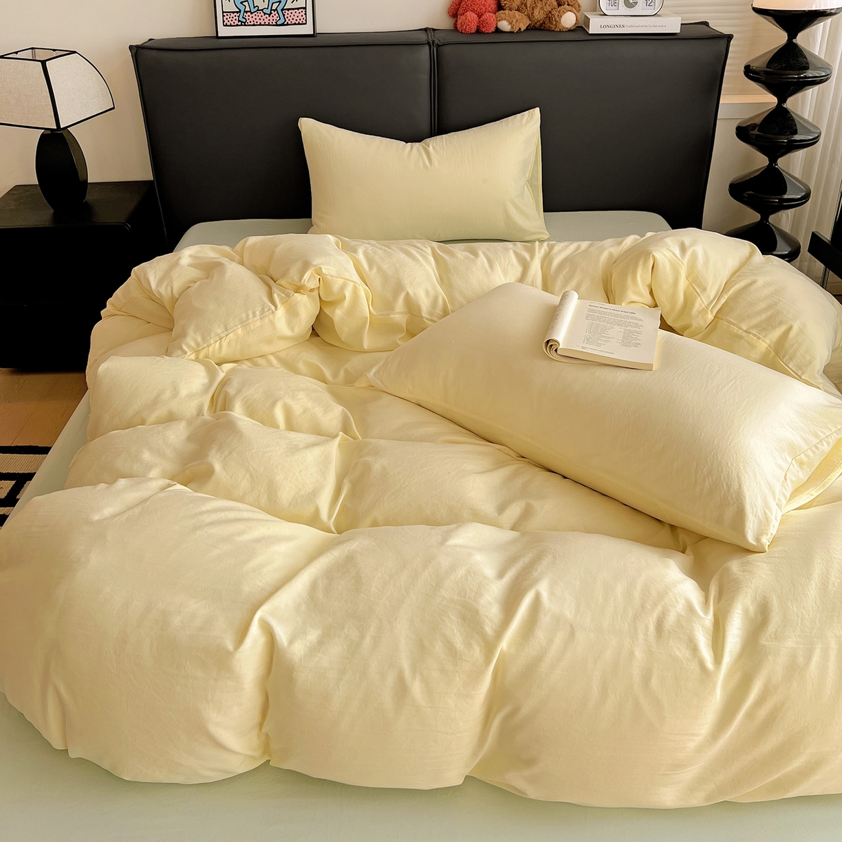 91家纺网 家纺一手货源 找家纺 凯洛奇 2025新款ins北欧风水洗棉柔软褶皱纯色被套四件套 拼色-米黄