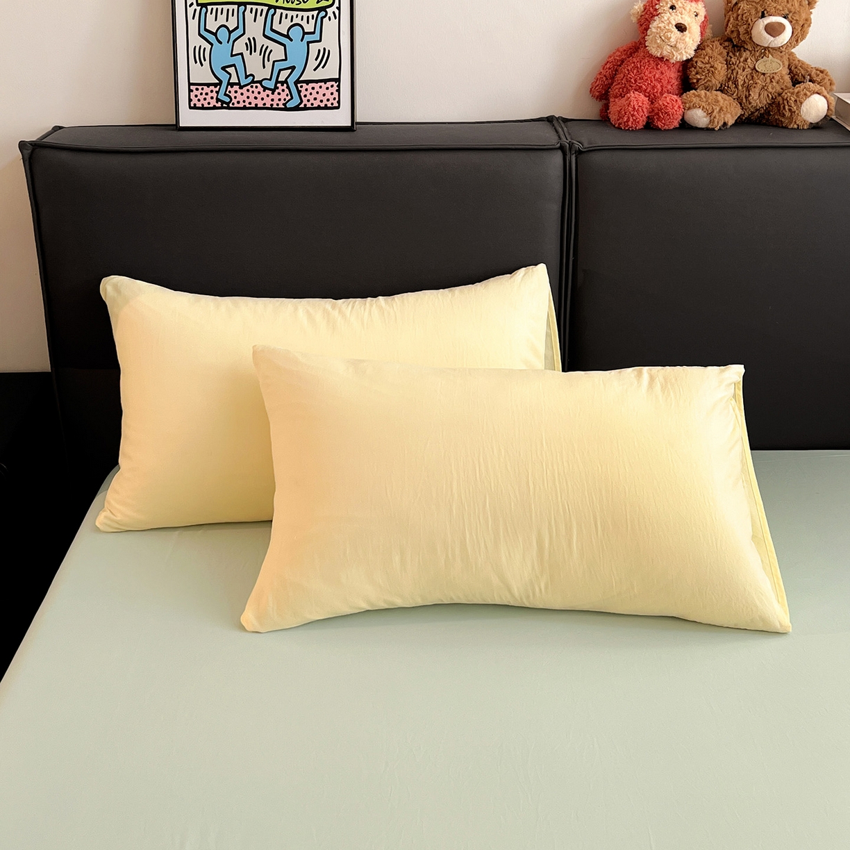 91家纺网 家纺一手货源 找家纺 凯洛奇 2025新款ins北欧风水洗棉柔软褶皱纯色被套四件套 拼色-米黄