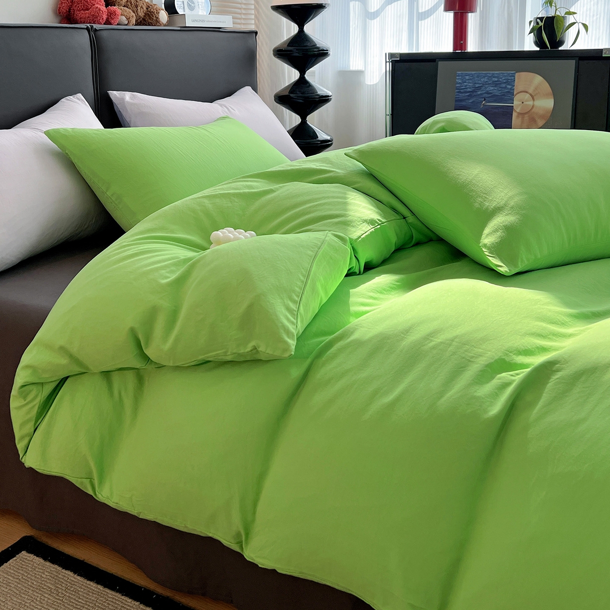 91家纺网 家纺一手货源 找家纺 凯洛奇 2025新款ins北欧风水洗棉柔软褶皱纯色被套四件套 拼色-黄绿