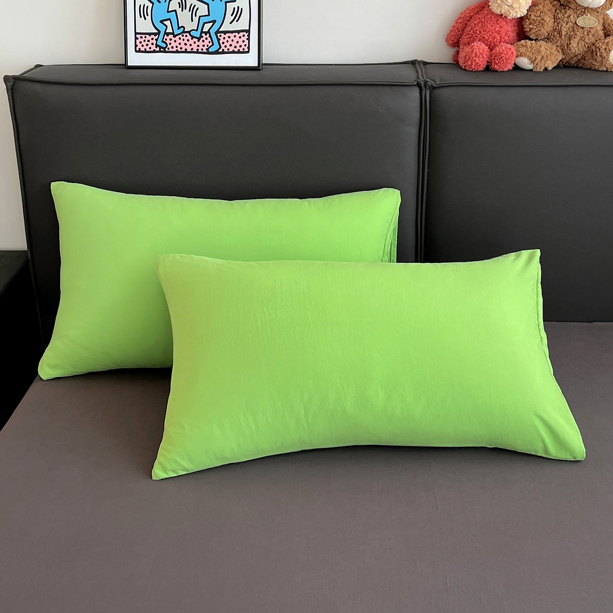 91家纺网 家纺一手货源 找家纺 凯洛奇 2025新款ins北欧风水洗棉柔软褶皱纯色被套四件套 拼色-黄绿