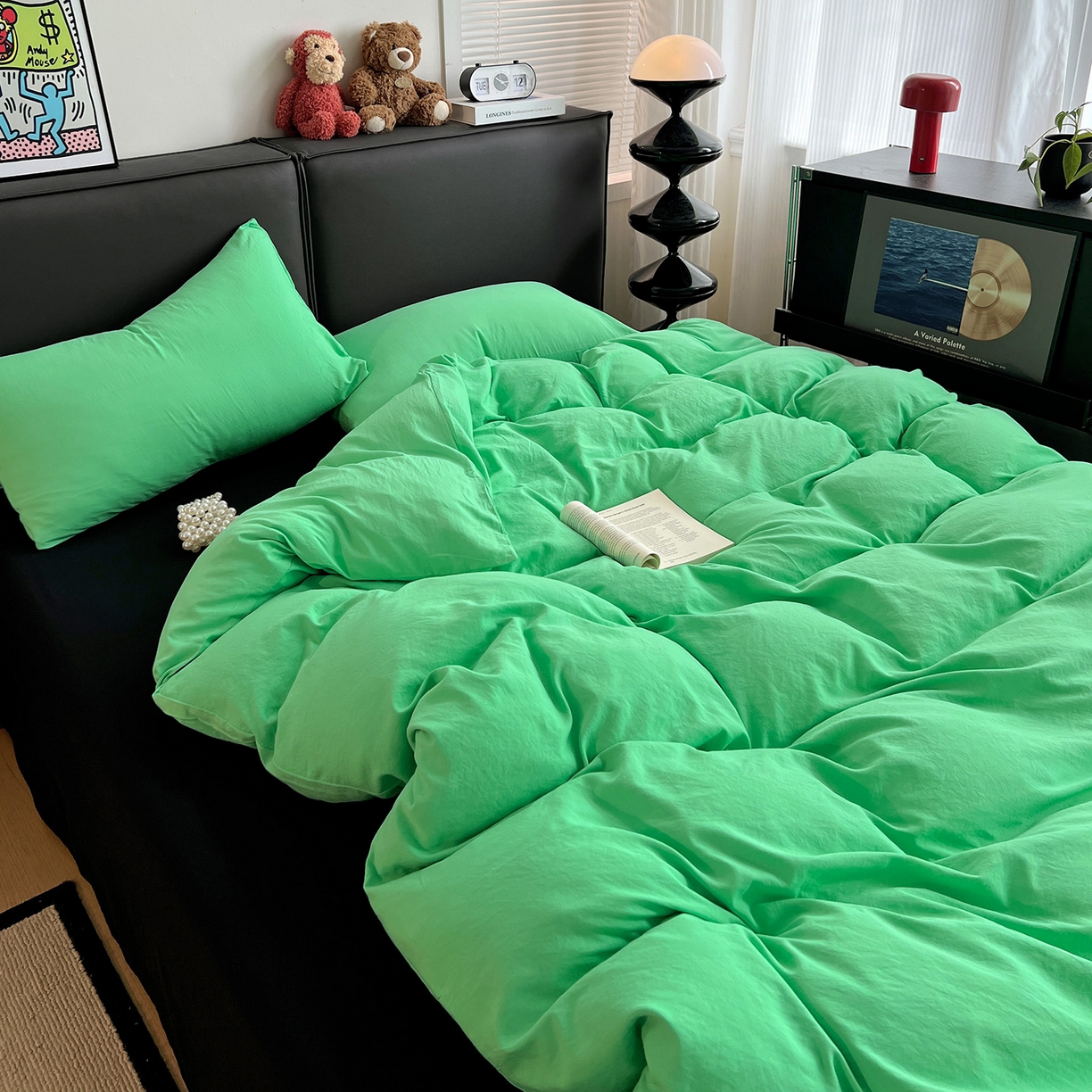 91家纺网 家纺一手货源 找家纺 凯洛奇 2025新款ins北欧风水洗棉柔软褶皱纯色被套四件套 拼色-翠绿