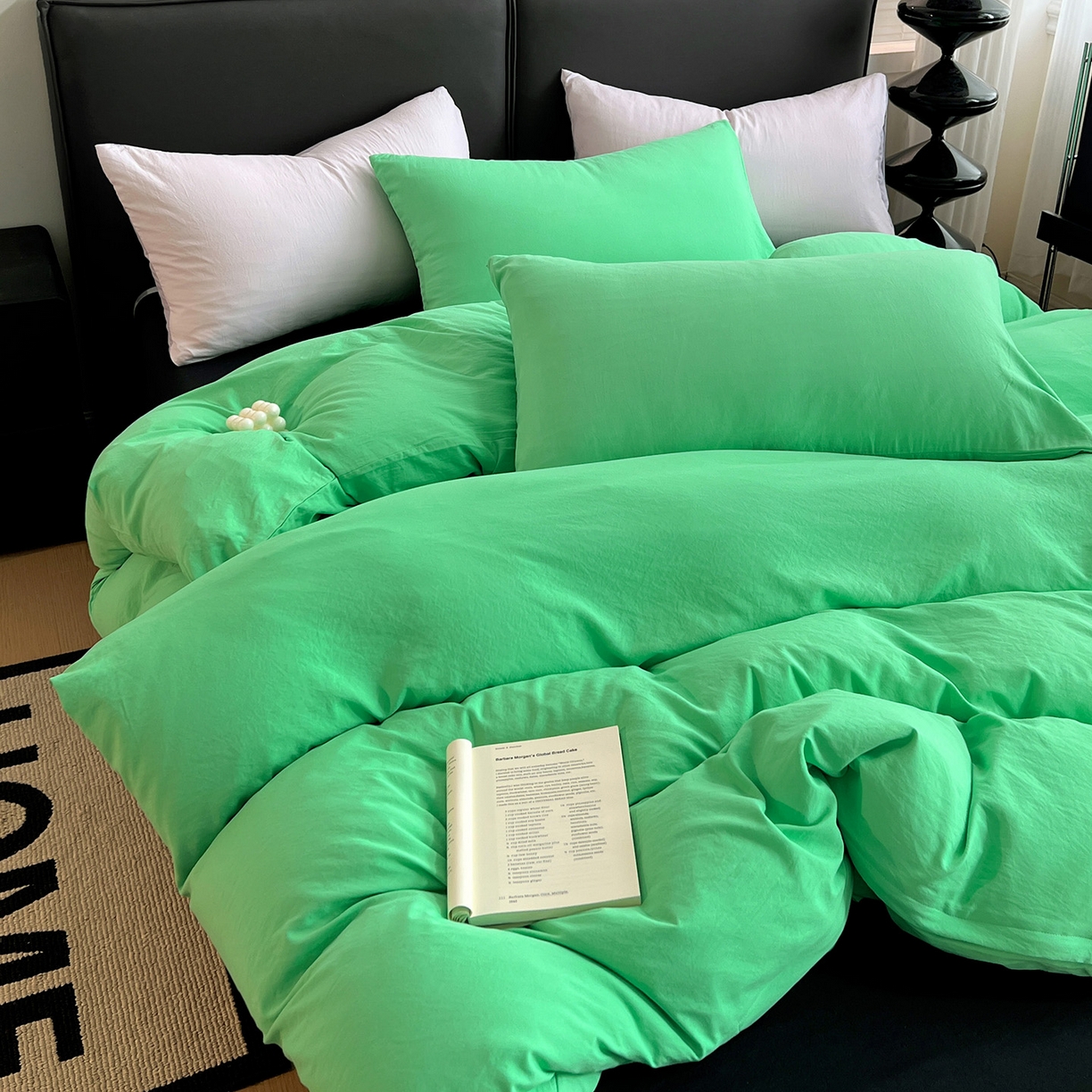 91家纺网 家纺一手货源 找家纺 凯洛奇 2025新款ins北欧风水洗棉柔软褶皱纯色被套四件套 拼色-翠绿