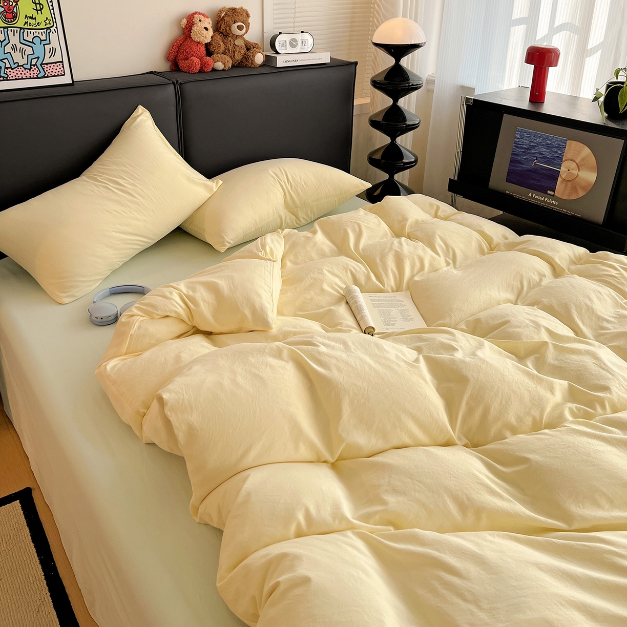 91家纺网 家纺一手货源 找家纺 凯洛奇 2025新款ins北欧风水洗棉柔软褶皱纯色被套四件套 拼色-米黄