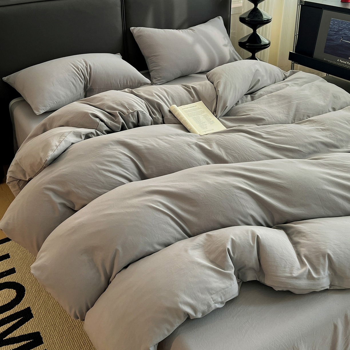 91家纺网 家纺一手货源 找家纺 凯洛奇 2025新款ins北欧风水洗棉柔软褶皱纯色被套四件套 纯色-浅灰