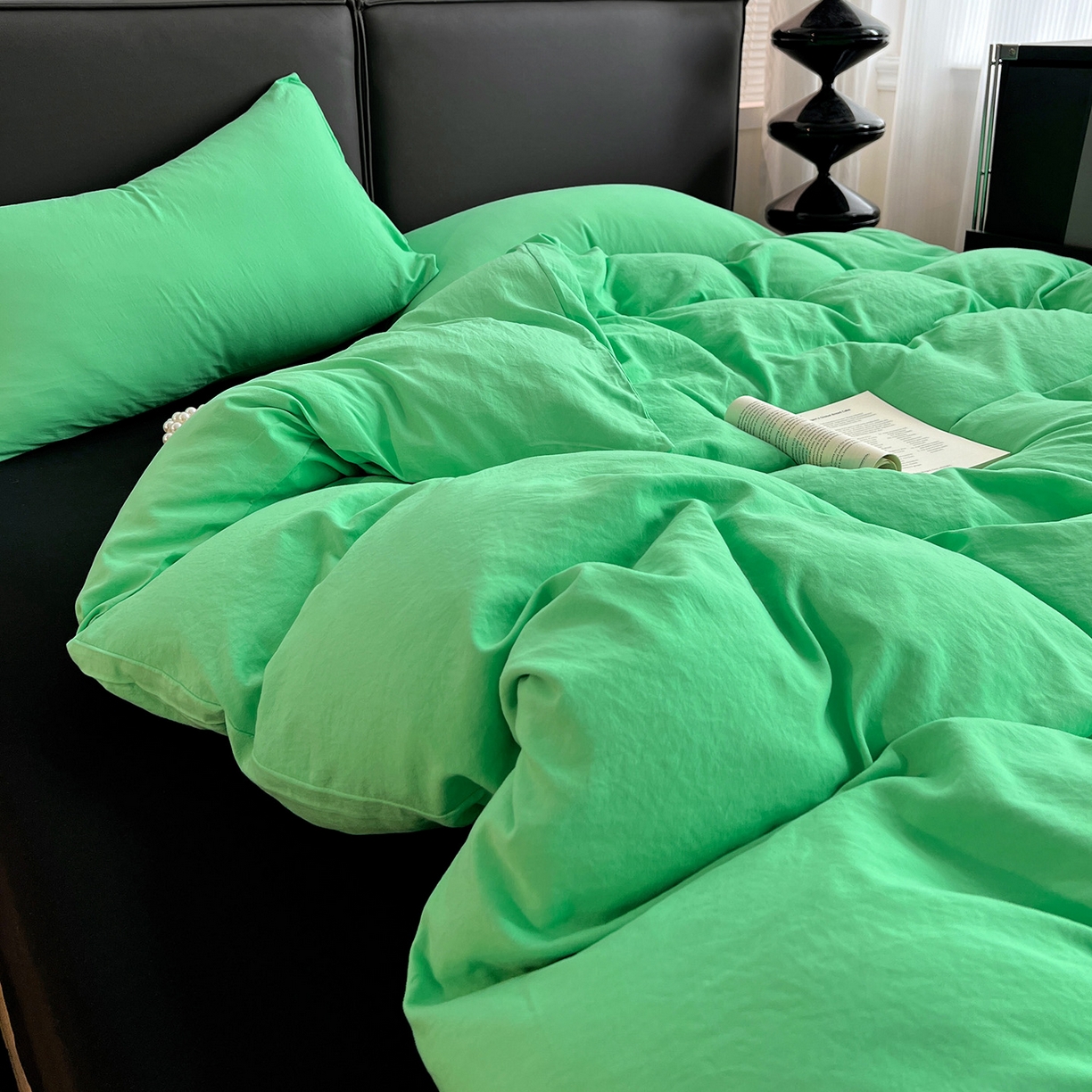 91家纺网 家纺一手货源 找家纺 凯洛奇 2025新款ins北欧风水洗棉柔软褶皱纯色被套四件套 拼色-翠绿