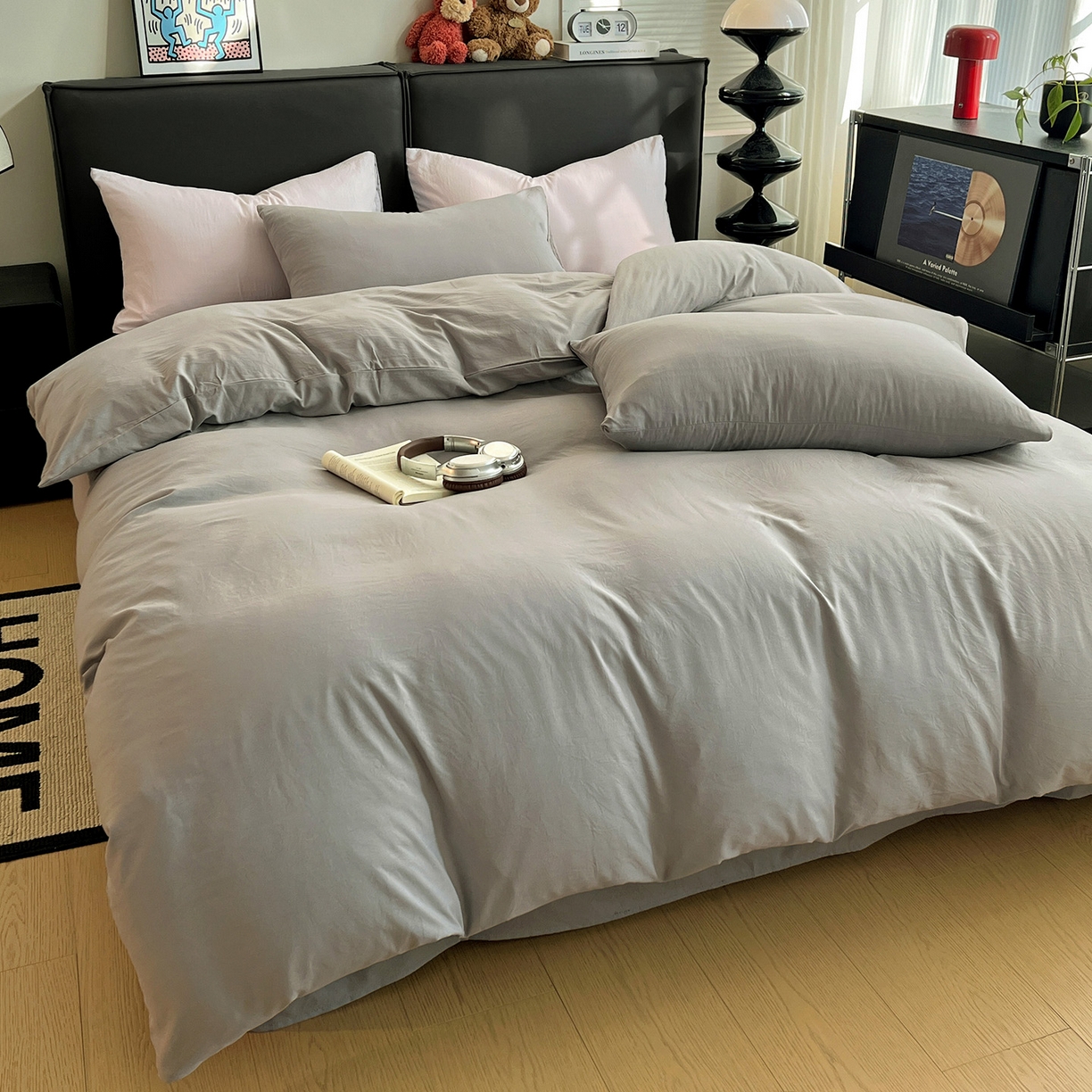 91家纺网 家纺一手货源 找家纺 凯洛奇 2025新款ins北欧风水洗棉柔软褶皱纯色被套四件套 纯色-浅灰