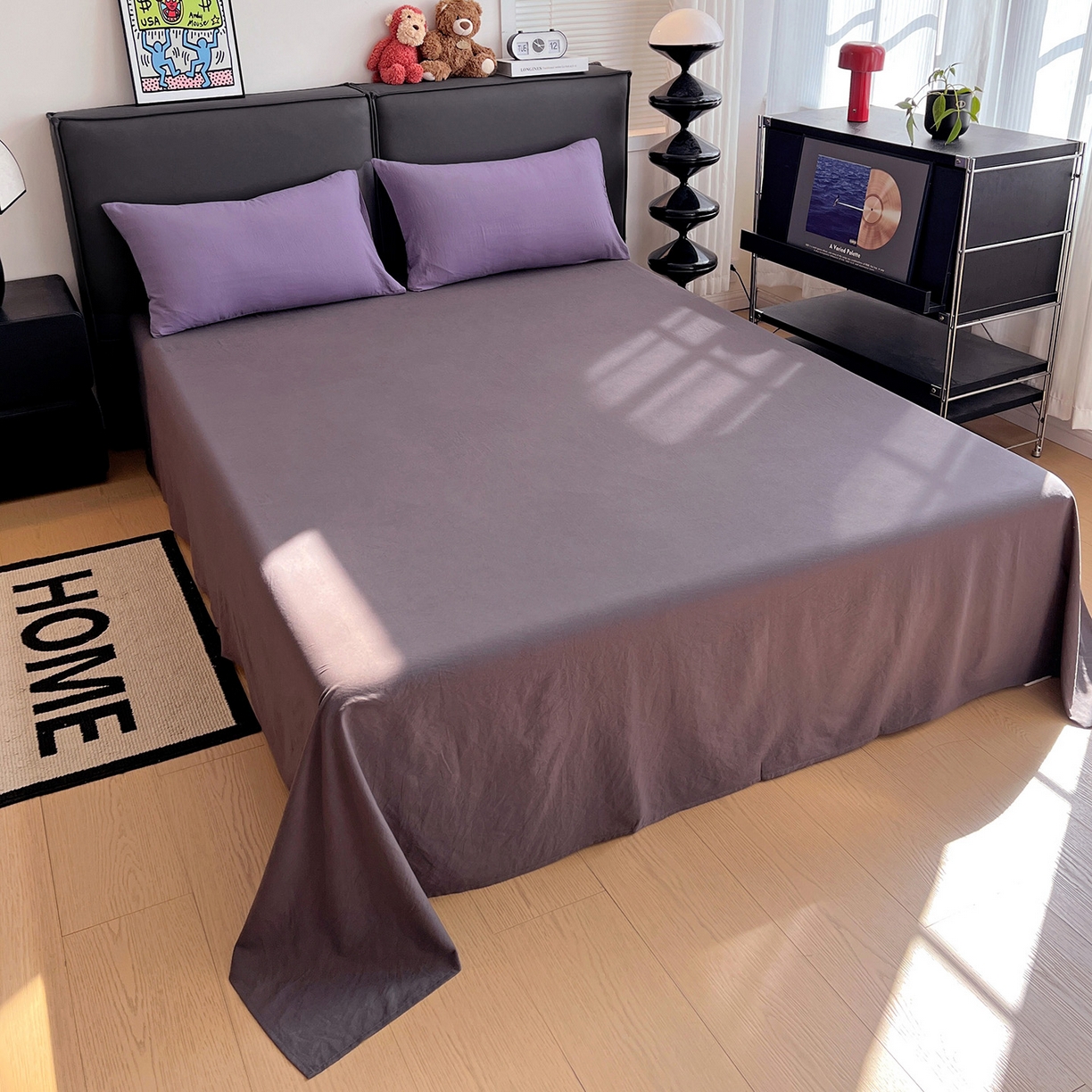 91家纺网 家纺一手货源 找家纺 凯洛奇 2025新款ins北欧风水洗棉柔软褶皱纯色被套四件套 拼色-深紫