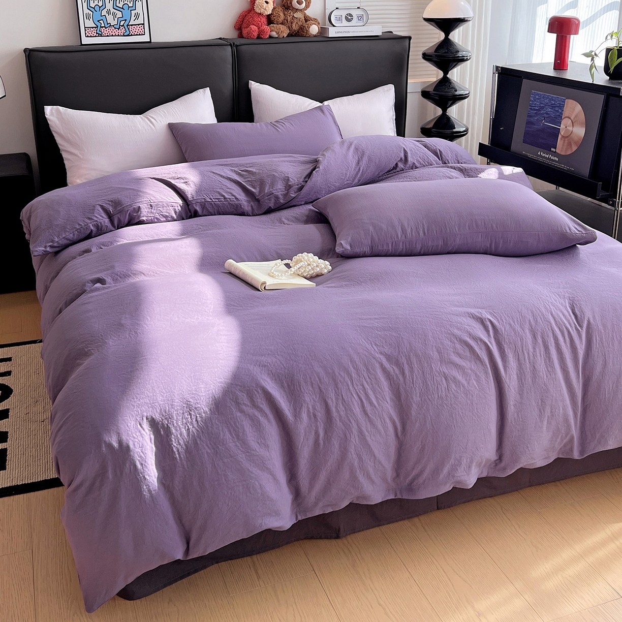 91家纺网 家纺一手货源 找家纺 凯洛奇 2025新款ins北欧风水洗棉柔软褶皱纯色被套四件套 拼色-深紫