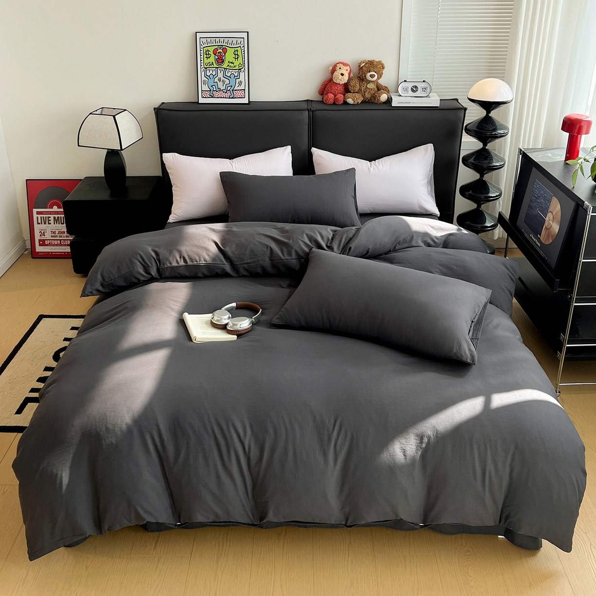 91家纺网 家纺一手货源 找家纺 凯洛奇 2025新款ins北欧风水洗棉柔软褶皱纯色被套四件套 纯色-深灰