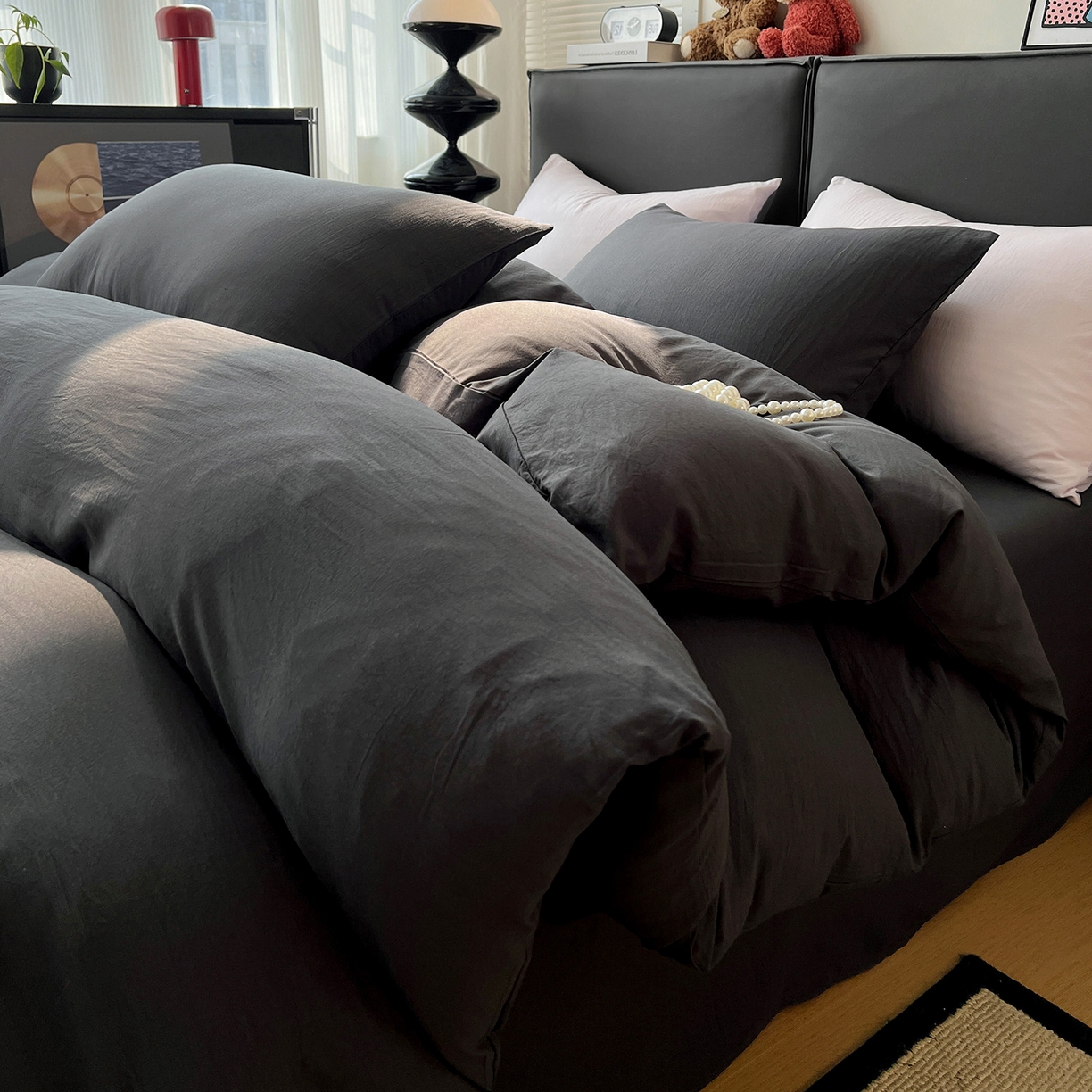 91家纺网 家纺一手货源 找家纺 凯洛奇 2025新款ins北欧风水洗棉柔软褶皱纯色被套四件套 纯色-深灰