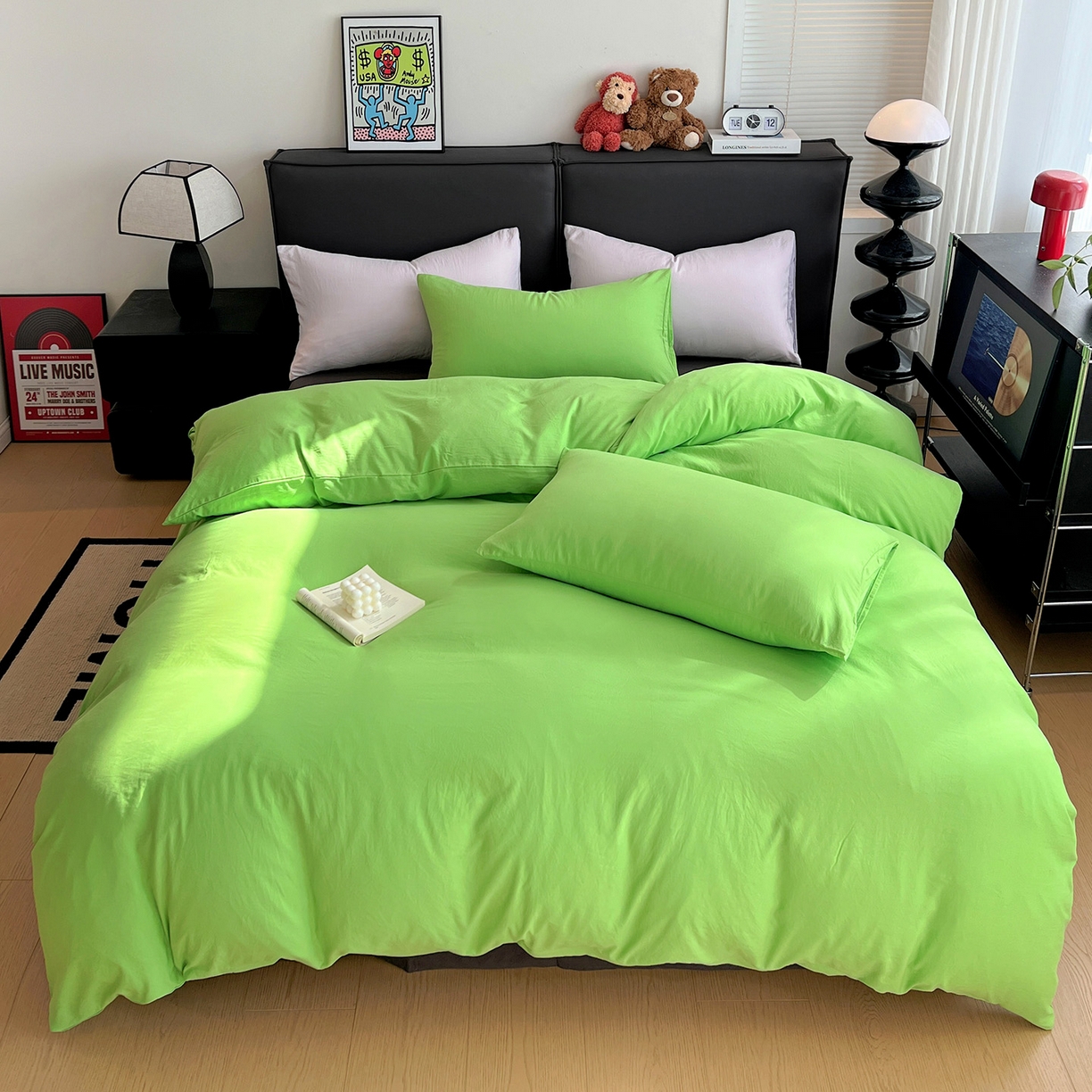 91家纺网 家纺一手货源 找家纺 凯洛奇 2025新款ins北欧风水洗棉柔软褶皱纯色被套四件套 拼色-黄绿