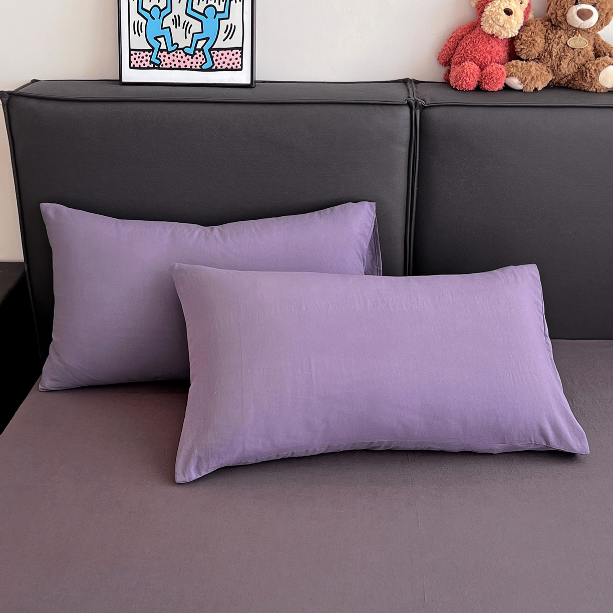 91家纺网 家纺一手货源 找家纺 凯洛奇 2025新款ins北欧风水洗棉柔软褶皱纯色被套四件套 拼色-深紫