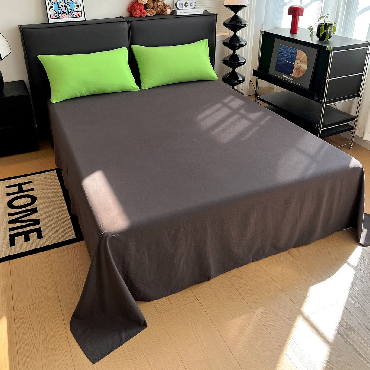 91家纺网 家纺一手货源 找家纺 凯洛奇 2025新款ins北欧风水洗棉柔软褶皱纯色被套四件套 拼色-黄绿