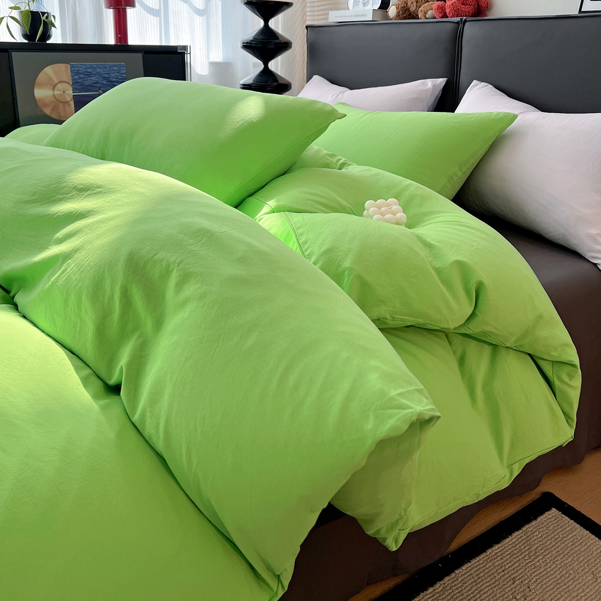 91家纺网 家纺一手货源 找家纺 凯洛奇 2025新款ins北欧风水洗棉柔软褶皱纯色被套四件套 拼色-黄绿