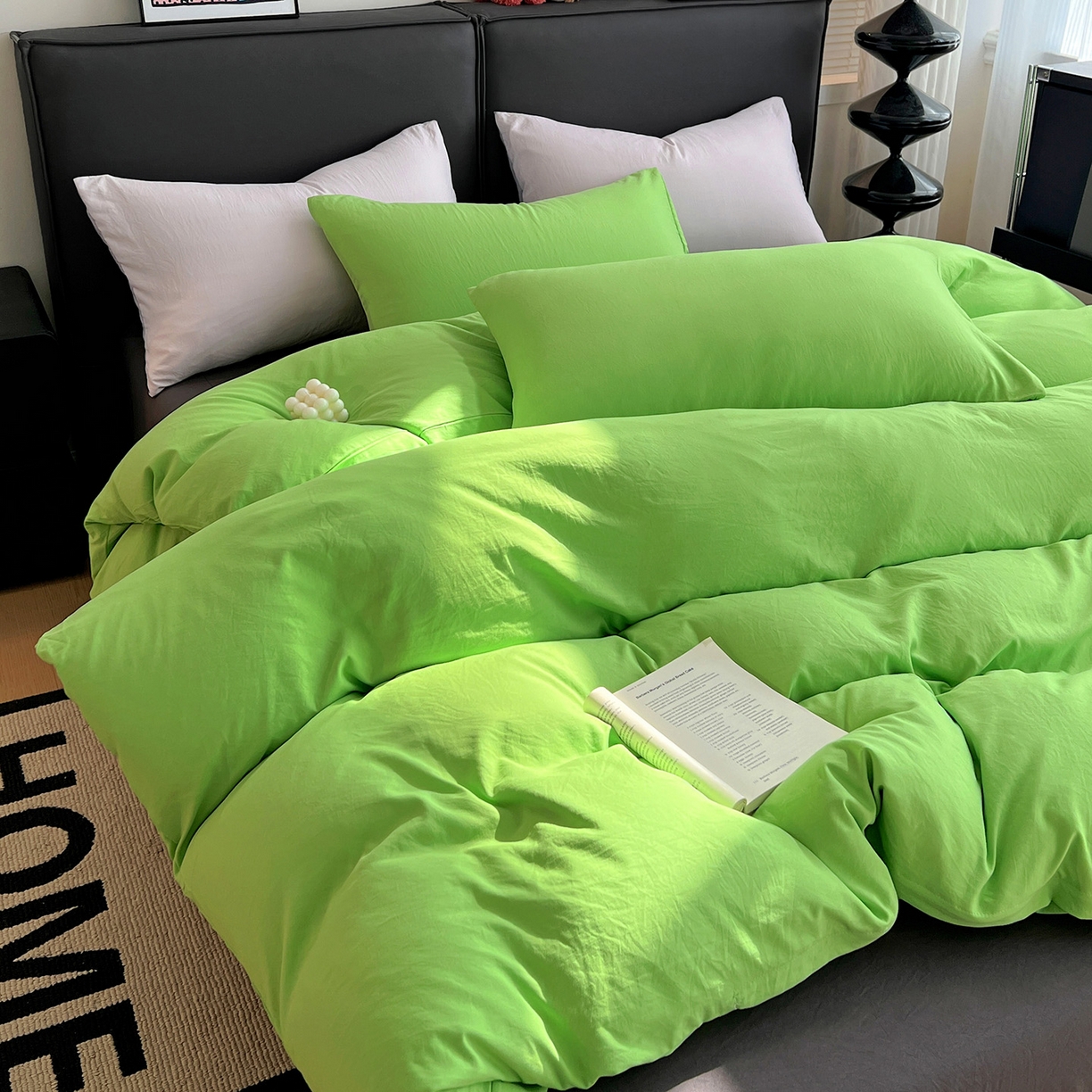 91家纺网 家纺一手货源 找家纺 凯洛奇 2025新款ins北欧风水洗棉柔软褶皱纯色被套四件套 拼色-黄绿