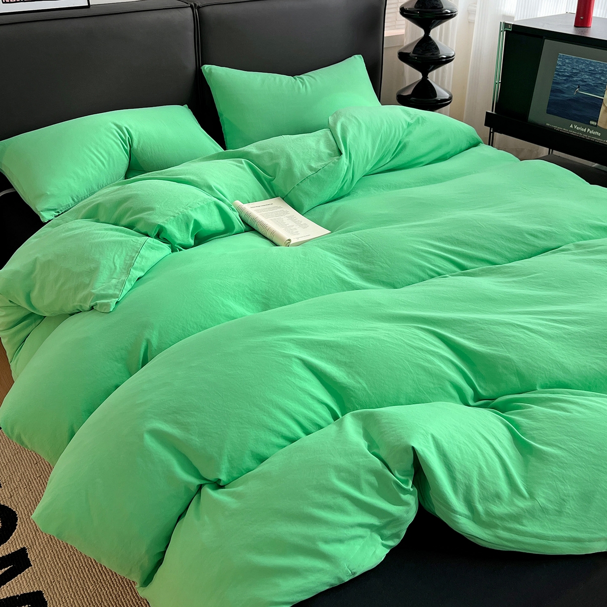 91家纺网 家纺一手货源 找家纺 凯洛奇 2025新款ins北欧风水洗棉柔软褶皱纯色被套四件套 拼色-翠绿
