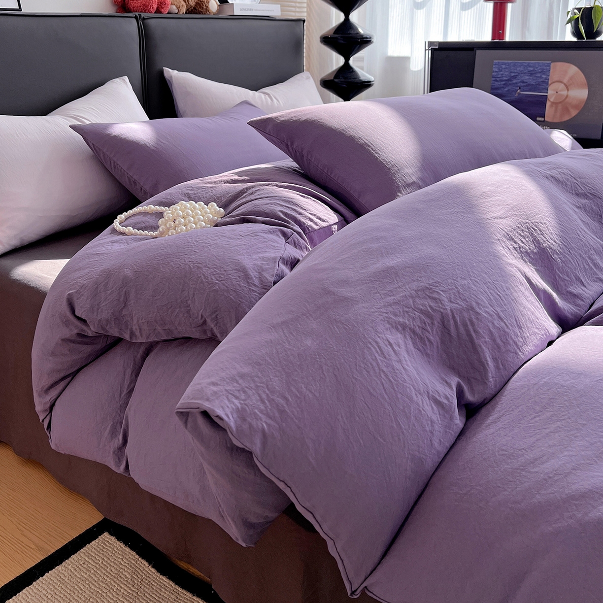 91家纺网 家纺一手货源 找家纺 凯洛奇 2025新款ins北欧风水洗棉柔软褶皱纯色被套四件套 拼色-深紫