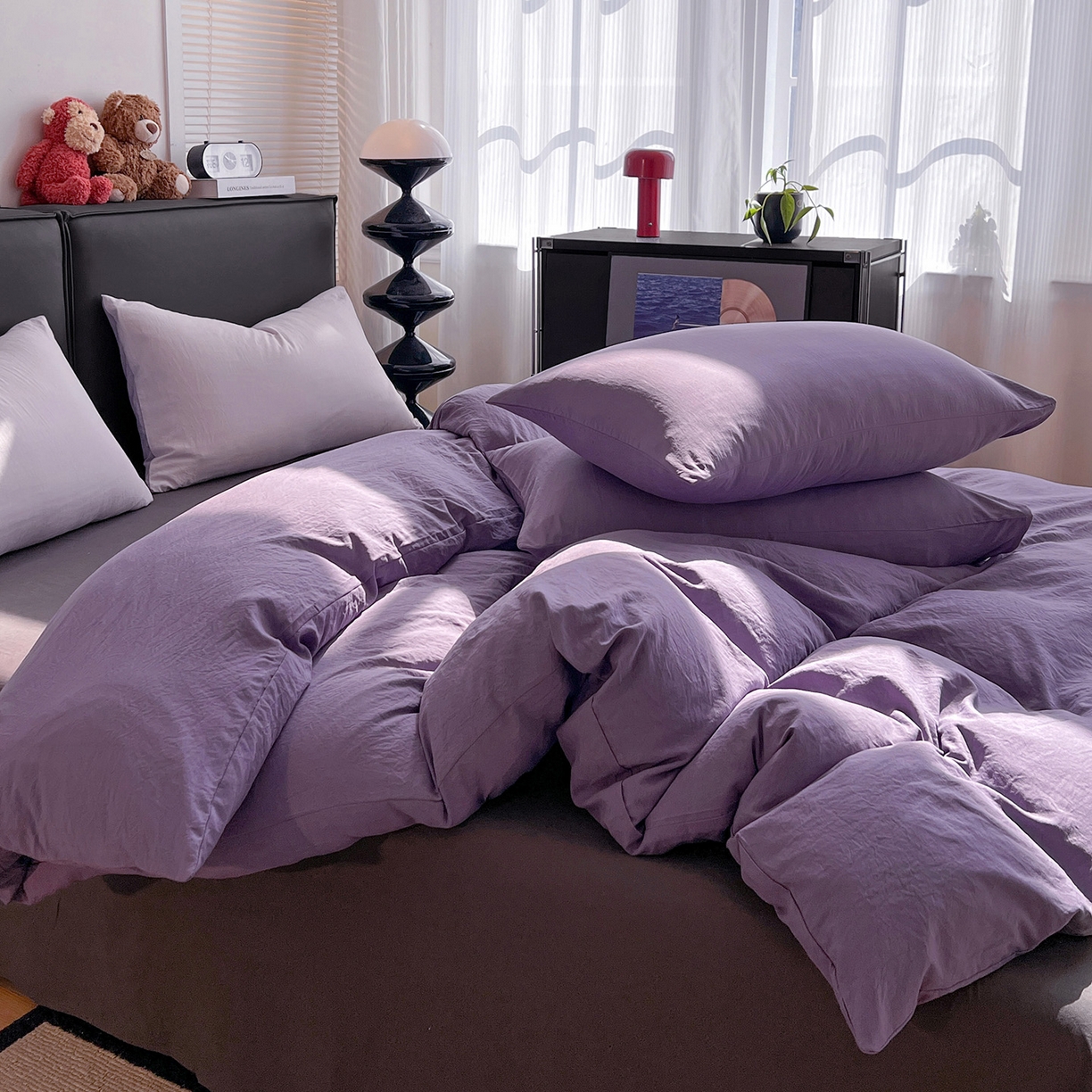91家纺网 家纺一手货源 找家纺 凯洛奇 2025新款ins北欧风水洗棉柔软褶皱纯色被套四件套 拼色-深紫