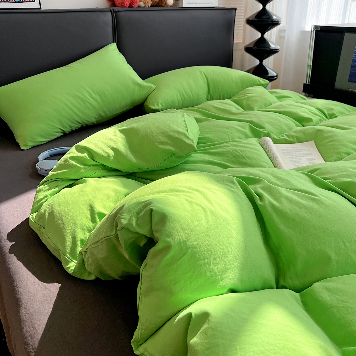 91家纺网 家纺一手货源 找家纺 凯洛奇 2025新款ins北欧风水洗棉柔软褶皱纯色被套四件套 拼色-黄绿