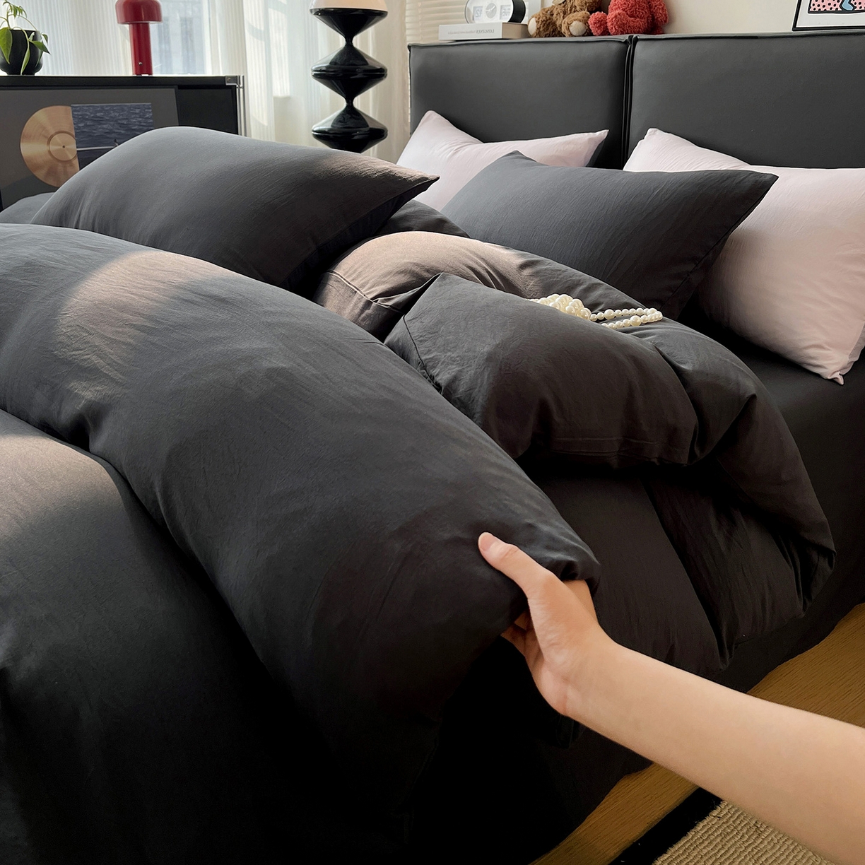 91家纺网 家纺一手货源 找家纺 凯洛奇 2025新款ins北欧风水洗棉柔软褶皱纯色被套四件套 纯色-深灰