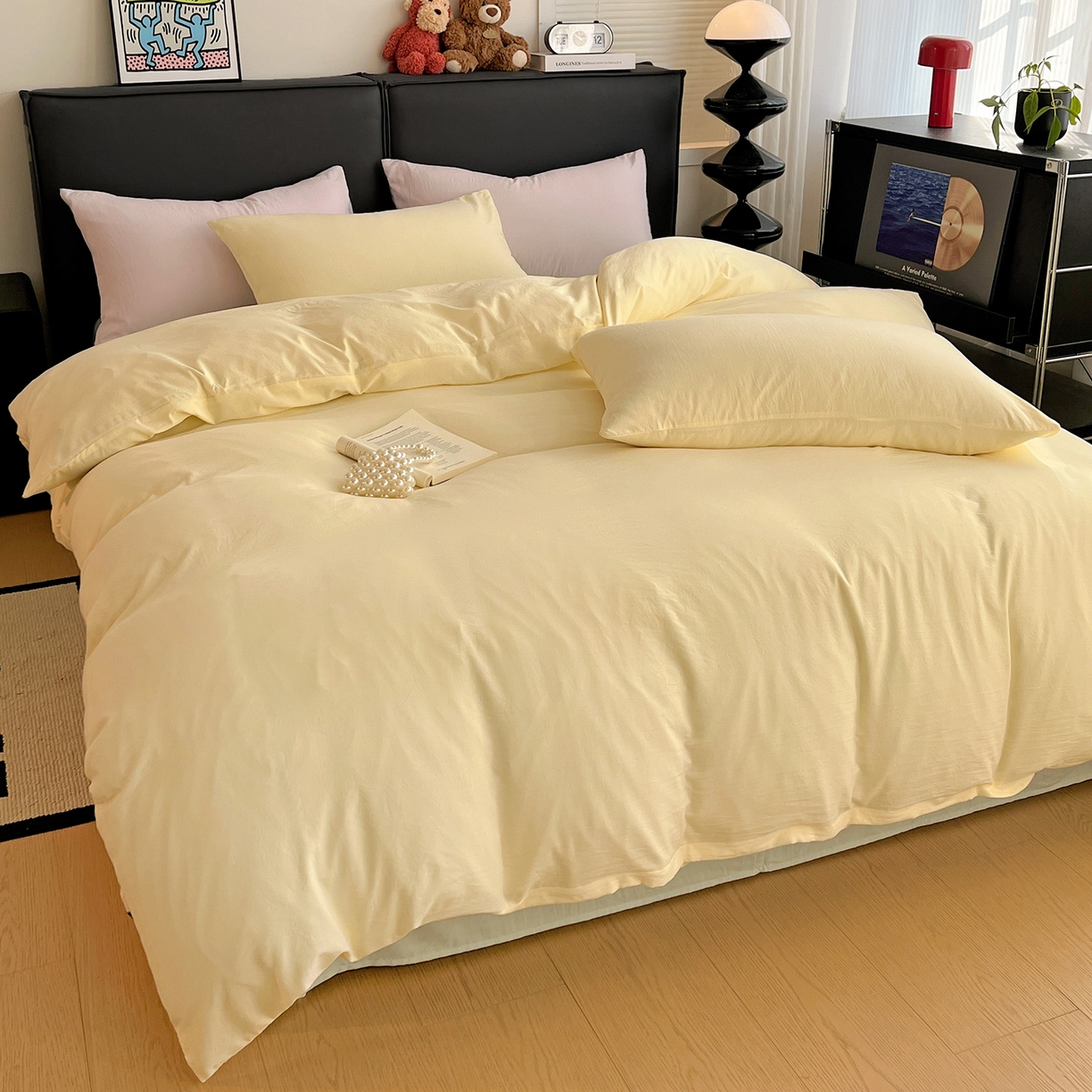 91家纺网 家纺一手货源 找家纺 凯洛奇 2025新款ins北欧风水洗棉柔软褶皱纯色被套四件套 拼色-米黄