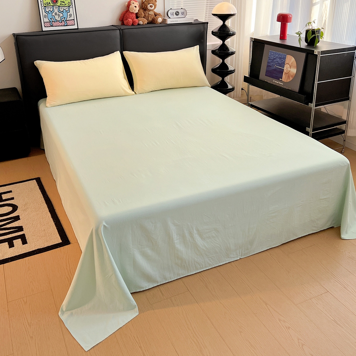 91家纺网 家纺一手货源 找家纺 凯洛奇 2025新款ins北欧风水洗棉柔软褶皱纯色被套四件套 拼色-米黄