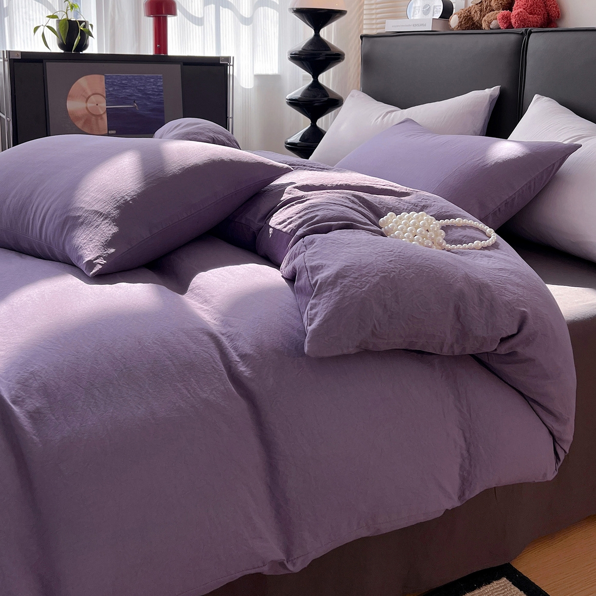 91家纺网 家纺一手货源 找家纺 凯洛奇 2025新款ins北欧风水洗棉柔软褶皱纯色被套四件套 拼色-深紫