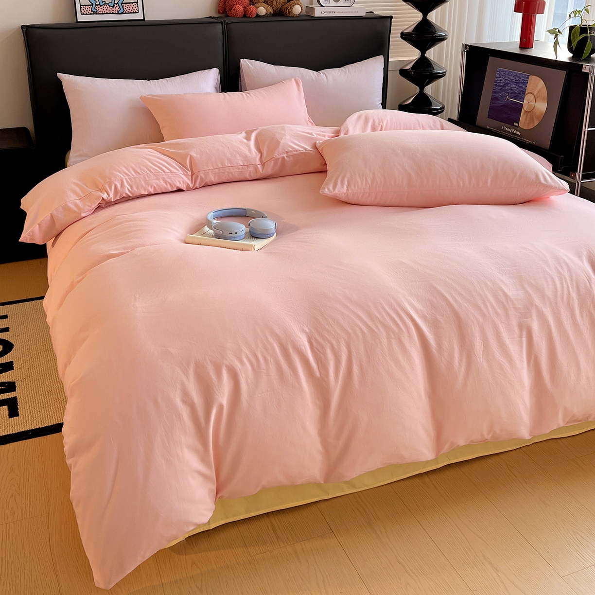 91家纺网 家纺一手货源 找家纺 凯洛奇 2025新款ins北欧风水洗棉柔软褶皱纯色被套四件套 拼色-粉黄