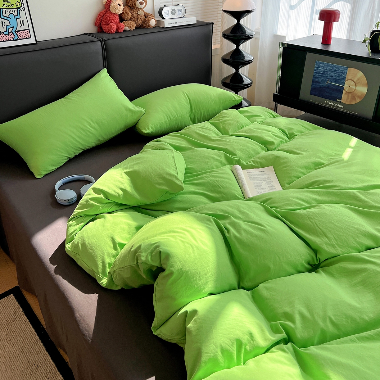 91家纺网 家纺一手货源 找家纺 凯洛奇 2025新款ins北欧风水洗棉柔软褶皱纯色被套四件套 拼色-黄绿