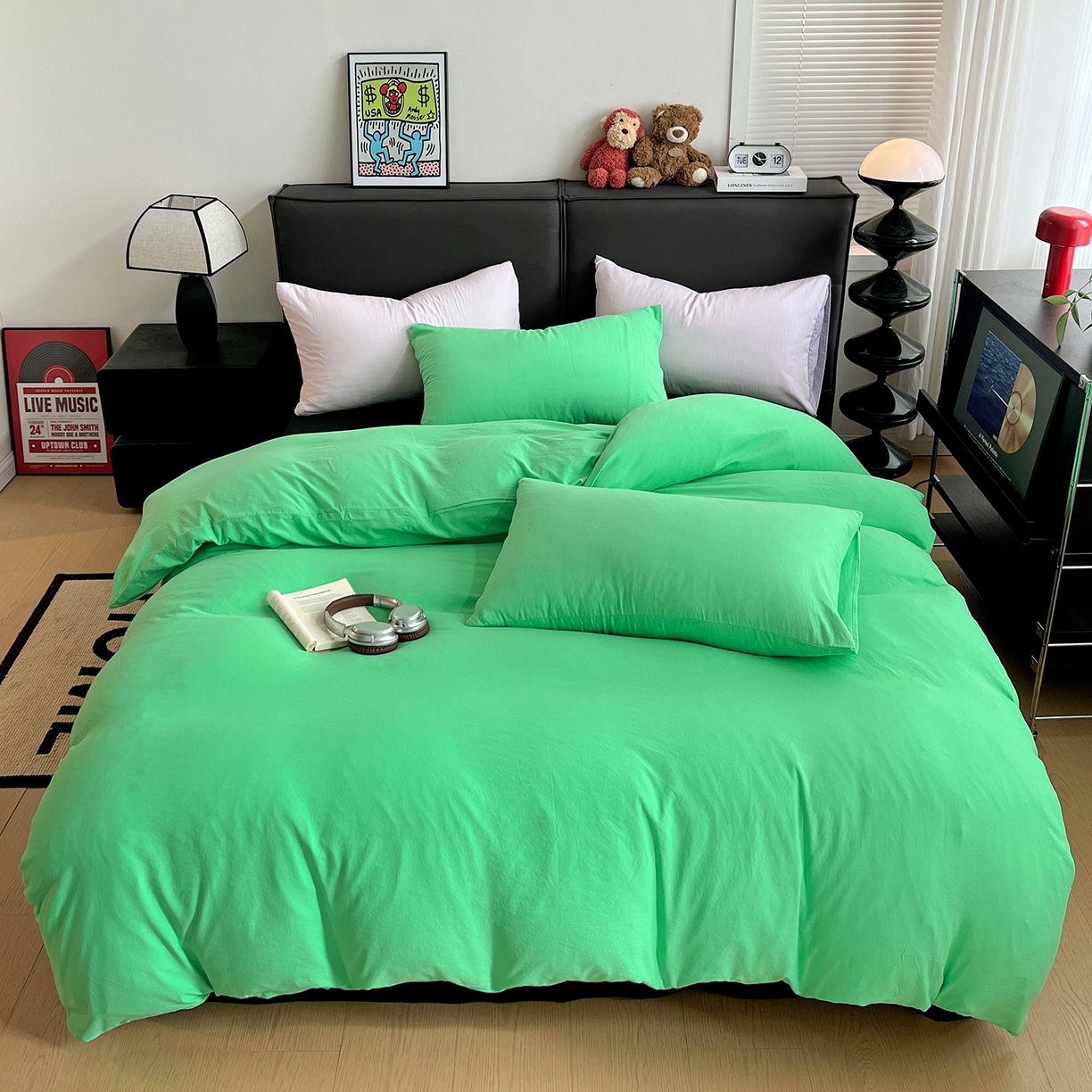 91家纺网 家纺一手货源 找家纺 凯洛奇 2025新款ins北欧风水洗棉柔软褶皱纯色被套四件套 拼色-翠绿