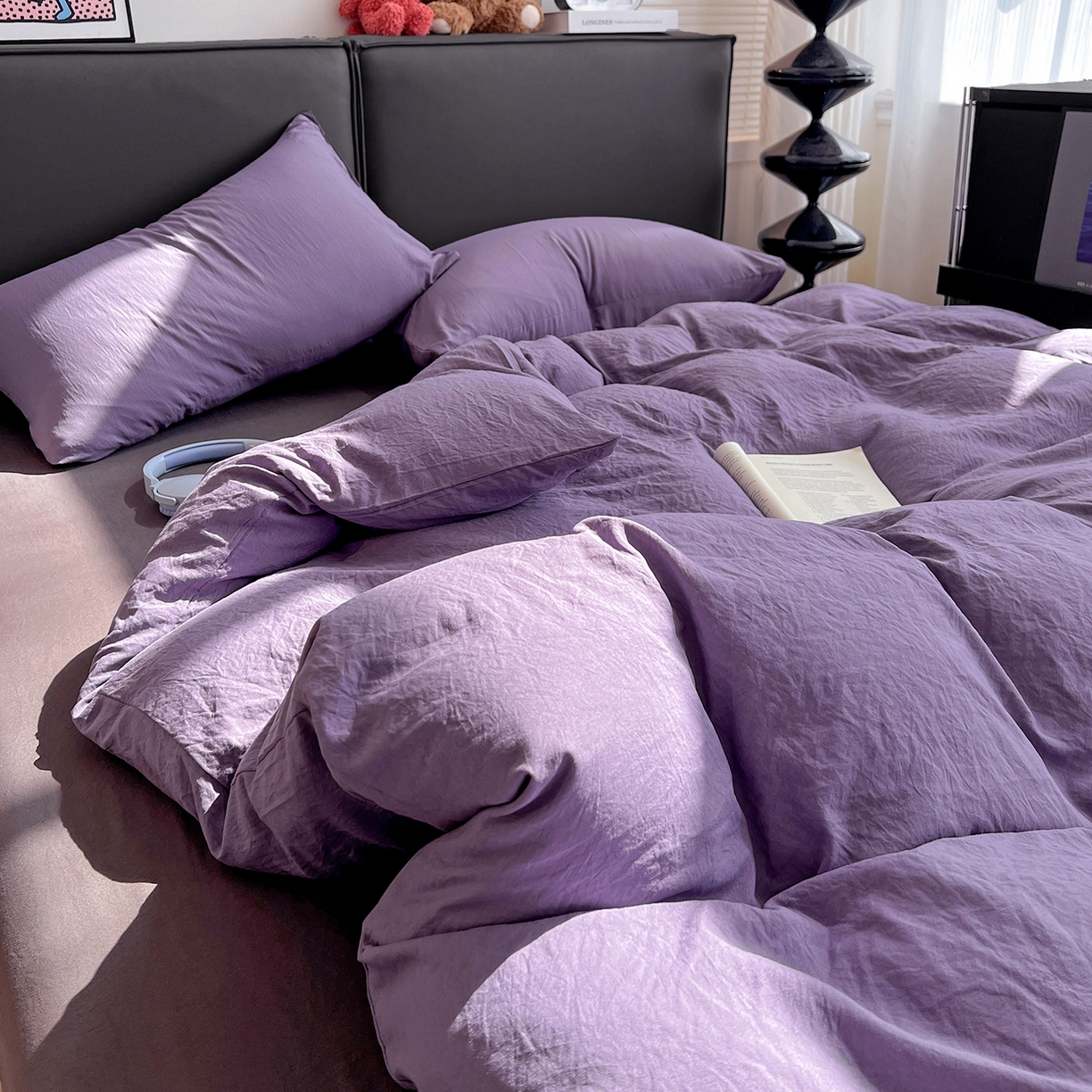 91家纺网 家纺一手货源 找家纺 凯洛奇 2025新款ins北欧风水洗棉柔软褶皱纯色被套四件套 拼色-深紫