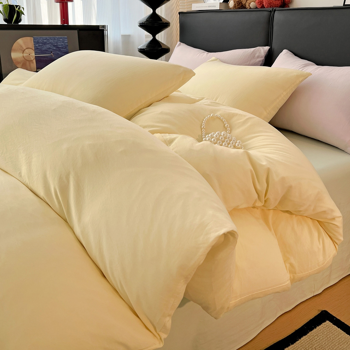 91家纺网 家纺一手货源 找家纺 凯洛奇 2025新款ins北欧风水洗棉柔软褶皱纯色被套四件套 拼色-米黄