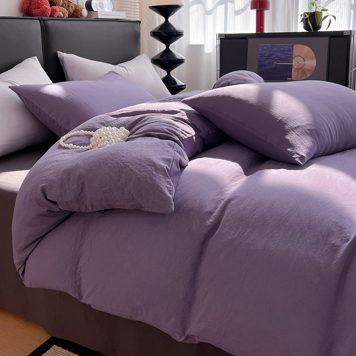 91家纺网 家纺一手货源 找家纺 凯洛奇 2025新款ins北欧风水洗棉柔软褶皱纯色被套四件套 拼色-深紫