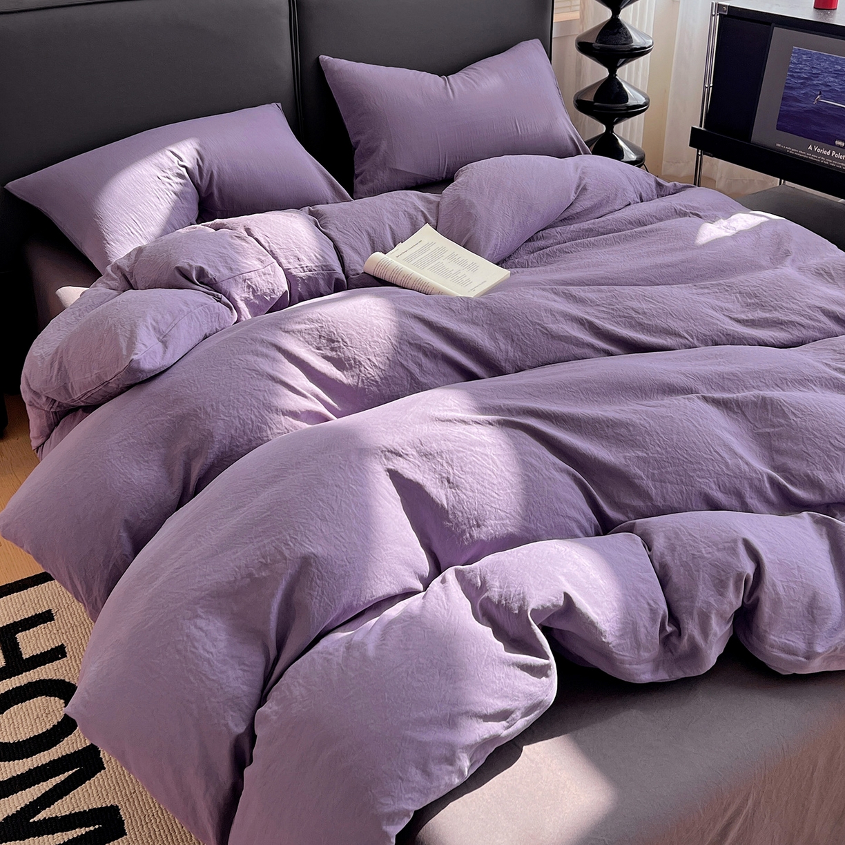 91家纺网 家纺一手货源 找家纺 凯洛奇 2025新款ins北欧风水洗棉柔软褶皱纯色被套四件套 拼色-深紫