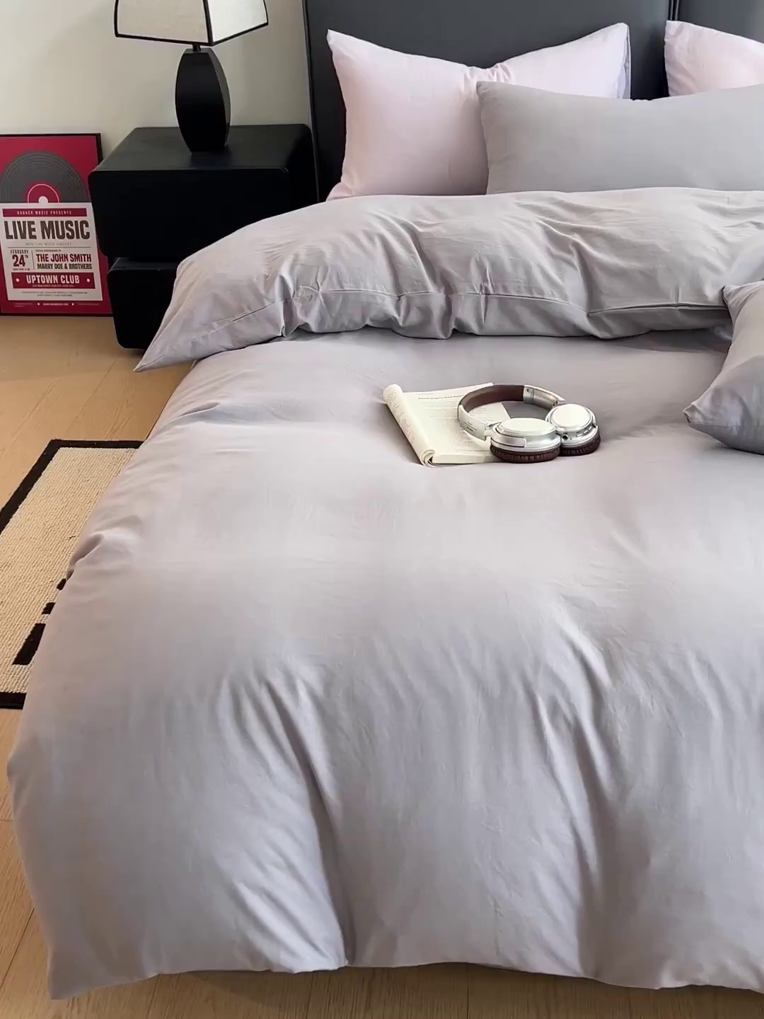 91家纺网 家纺一手货源 找家纺 凯洛奇 2025新款ins北欧风水洗棉柔软褶皱纯色被套四件套 纯色-浅灰